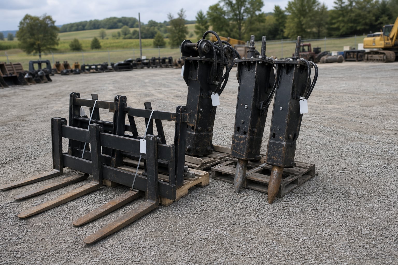 Hydraulic breakers and mounting hardware at the Clark Auction yard